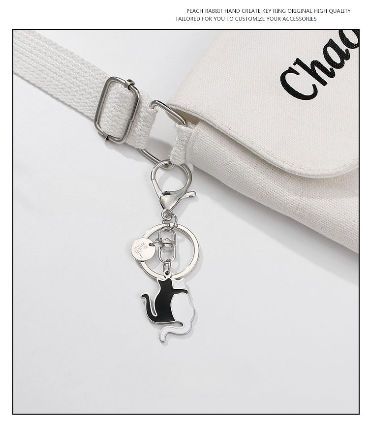 Cute Simple Black and White Cat Titanium Keychain for Couples' Bag Accessories