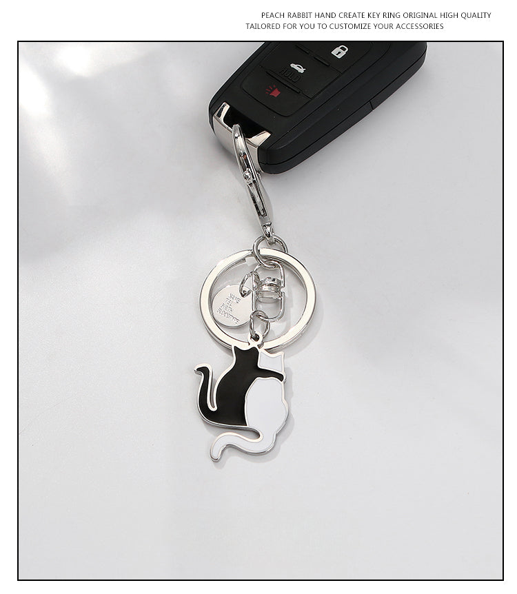 Cute Simple Black and White Cat Titanium Keychain for Couples' Bag Accessories