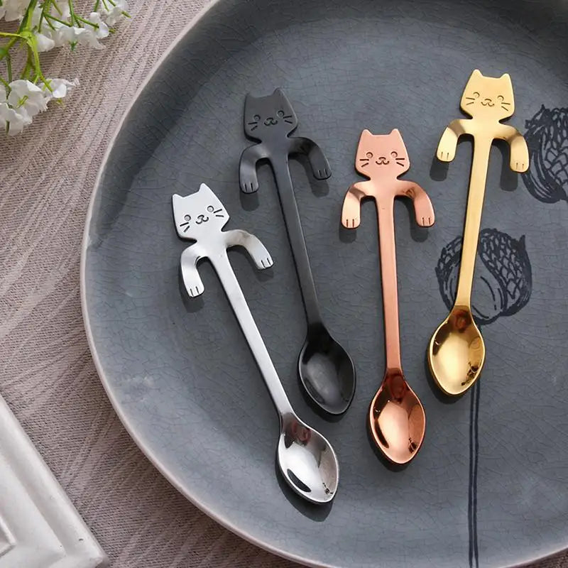 New 1Pc Stainless Steel Cute Cartoon Cat Spoon Creative Coffee Spoon Ice Cream Candy Teaspoon Kitchen Tableware Supplies