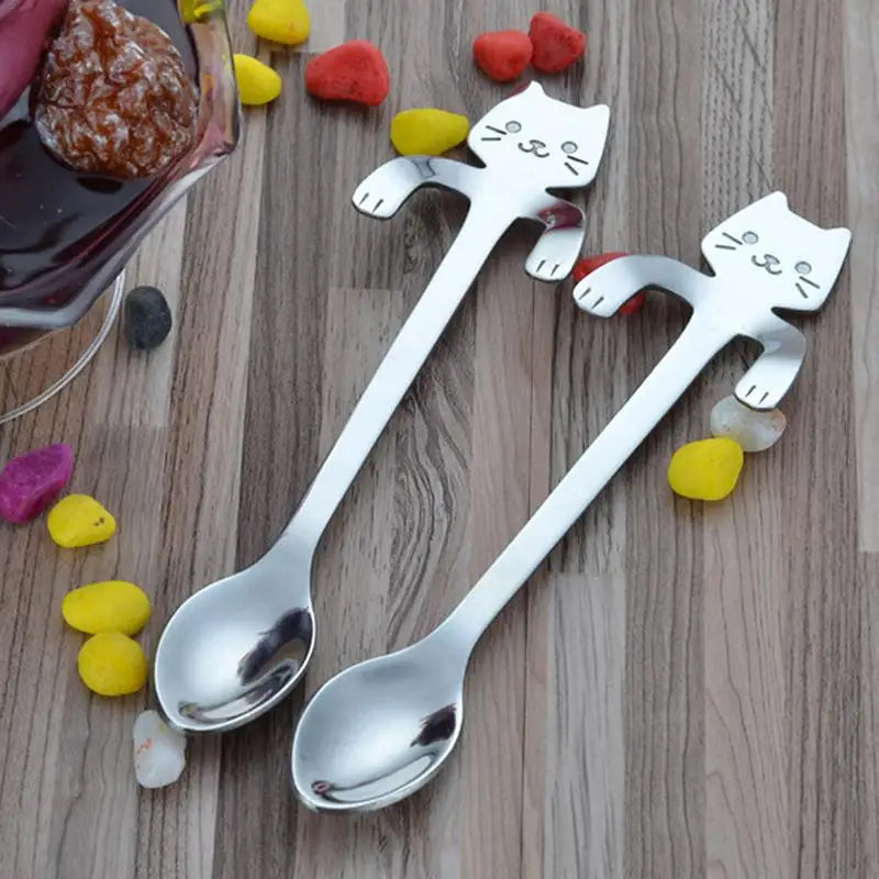 New 1Pc Stainless Steel Cute Cartoon Cat Spoon Creative Coffee Spoon Ice Cream Candy Teaspoon Kitchen Tableware Supplies