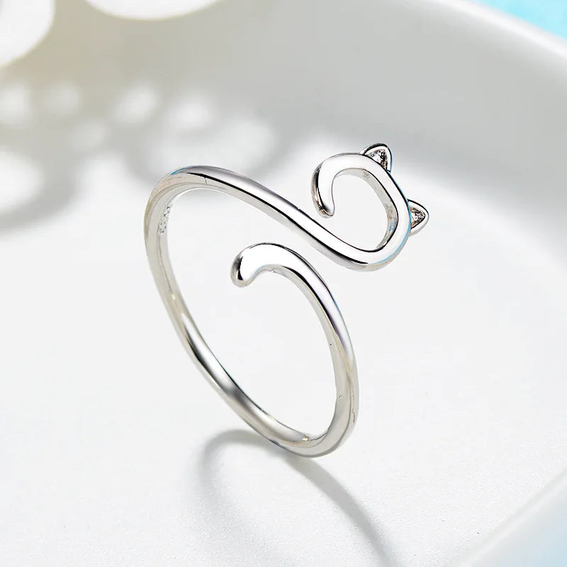 New Fashion Silver Color Open Finger Rings Cat Love Fish Moon Stone Pink Animal For Women Girl Jewelry Gift Dropship