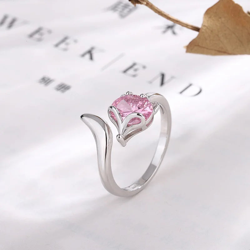 New Fashion Silver Color Open Finger Rings Cat Love Fish Moon Stone Pink Animal For Women Girl Jewelry Gift Dropship