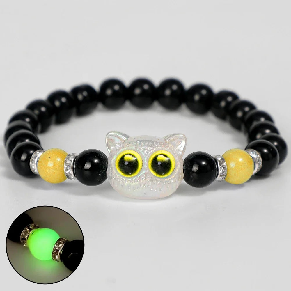 Cute Big Eye Cat Luminous Bracelets For Women Cartoon Animal Pendant Beaded Hand Chain Friendship Couple Bracelet Jewelry Gift