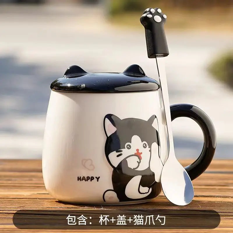 Pink White Black Cat Ceramic Mugs with Lids Spoons Cute Girl Heart Couple Coffee Cups Holiday Gifts Drinkware Water Bottle