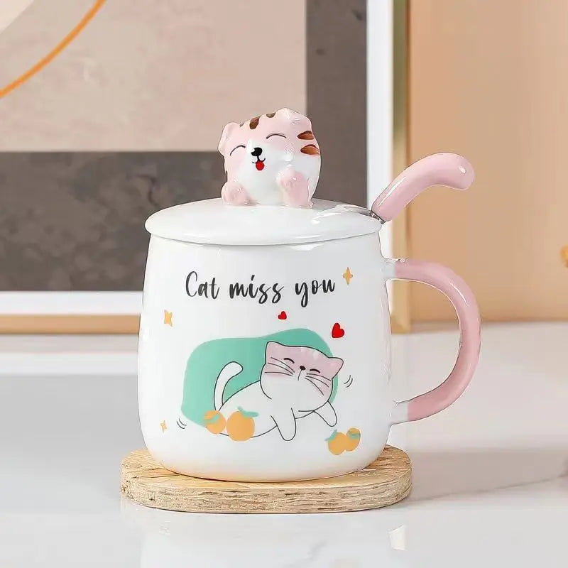 Pink White Black Cat Ceramic Mugs with Lids Spoons Cute Girl Heart Couple Coffee Cups Holiday Gifts Drinkware Water Bottle