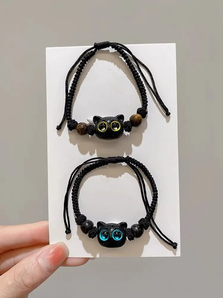 Charm Cat Head Bracelets Couple Little Demon Owl Braided Rope Beads Wrist Bracelet Black Crystal Handmade Jewelry Friendship