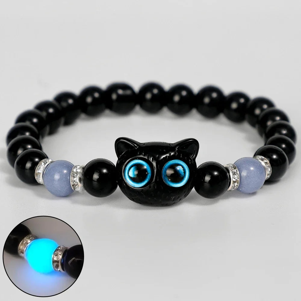 Cute Big Eye Cat Luminous Bracelets For Women Cartoon Animal Pendant Beaded Hand Chain Friendship Couple Bracelet Jewelry Gift