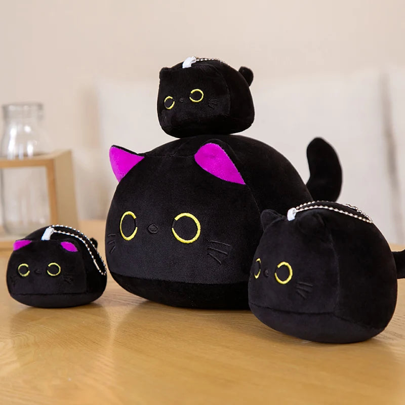 9/15/25CM Kawaii Small Cuddly Black Cat Plush Doll Cartoon Stuffed Round Ball Cat Plushie Girl's Bag Keychain Pendant Toys