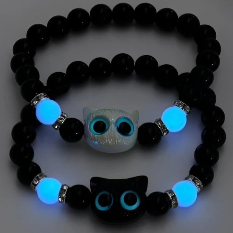 Cute Big Eye Cat Luminous Bracelets For Women Cartoon Animal Pendant Beaded Hand Chain Friendship Couple Bracelet Jewelry Gift