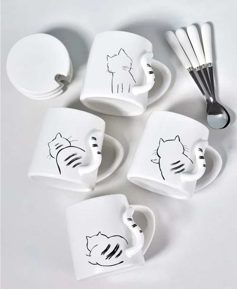 380ml Cute Cat Ceramic Mug With Spoon And Lid Creative Relief Coffee Tea Milk Breakfast Cups With Handle Novelty Gifts