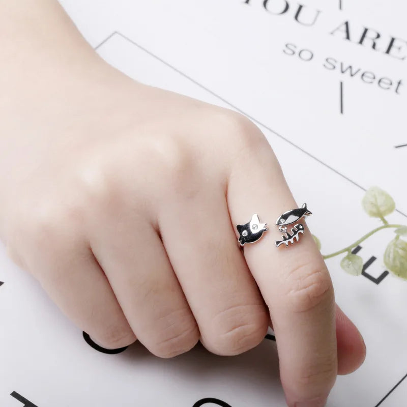 New Fashion Silver Color Open Finger Rings Cat Love Fish Moon Stone Pink Animal For Women Girl Jewelry Gift Dropship