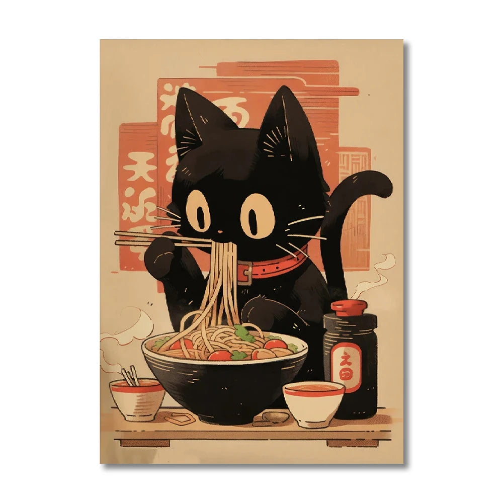 Kawaii Japanese Ramen Animal Cat Posters Canvas Prints Paintings Home Decor Noodles Food Wall Art Poster Kitchen Room Decoration