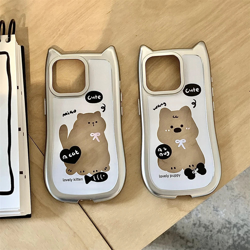 Korean Cartoon 3D Cat Ears Puppy Clear Plating Phone Case For iphone 15 14 13 12 Pro Max Cute Anti-Drop Shockproof Back Cover