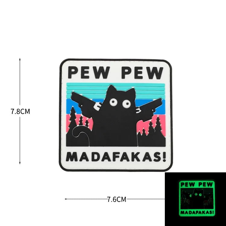 Pew Pew Madafakas Tactical Patches Fun Embroidery Hook&Loop Patch Military Double Spear Black Cat Morale Badge Backpack Stickers