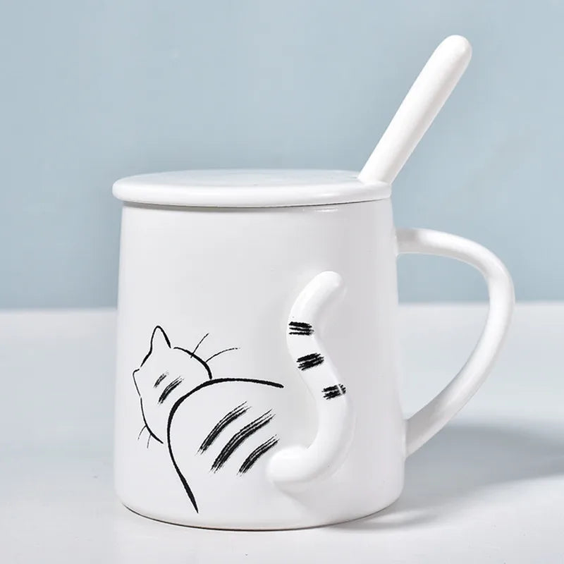 380ml Cute Cat Ceramic Mug With Spoon And Lid Creative Relief Coffee Tea Milk Breakfast Cups With Handle Novelty Gifts