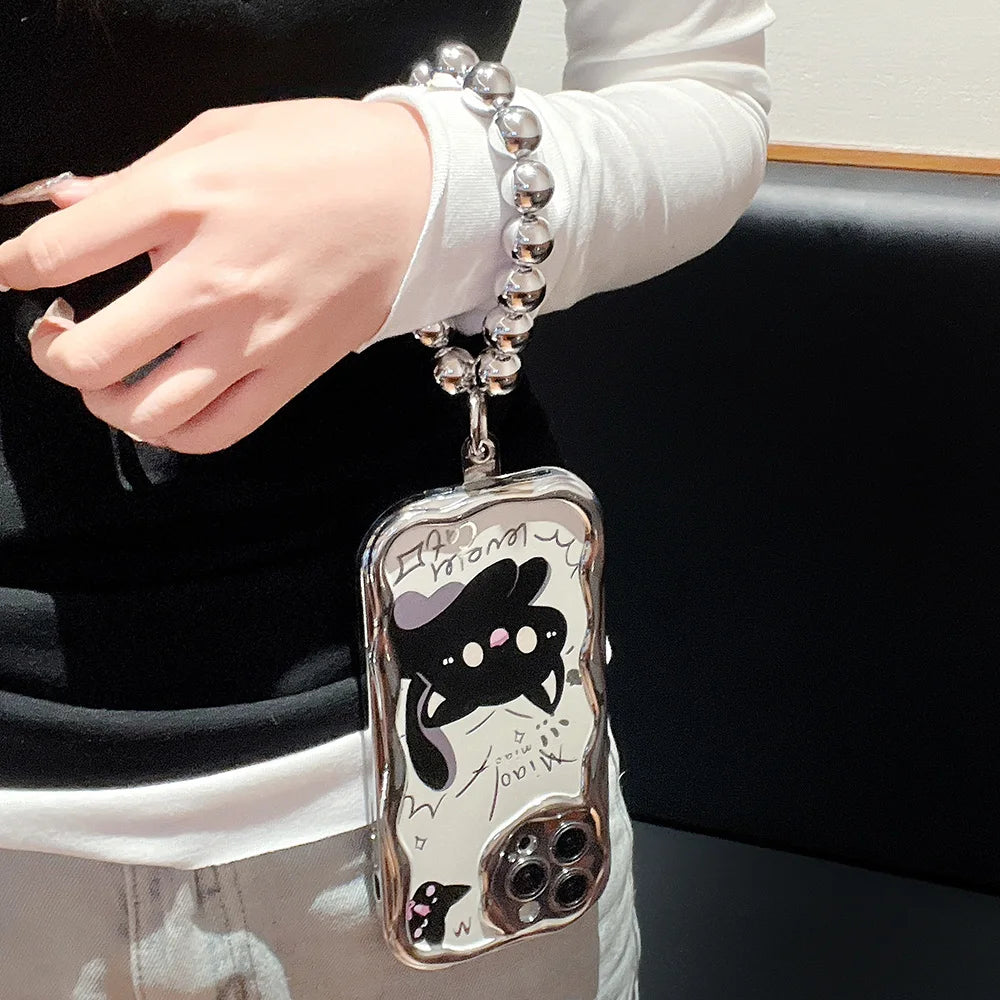 Bead Bracelet Chain Phone Case For iPhone 15 14 13 12 11 Pro Max 14 15 Plus XS Max XR Cute Cat Luxury Plating Silver Cover