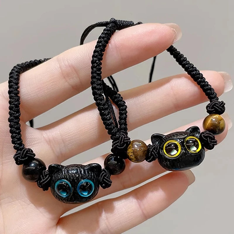 Charm Cat Head Bracelets Couple Little Demon Owl Braided Rope Beads Wrist Bracelet Black Crystal Handmade Jewelry Friendship