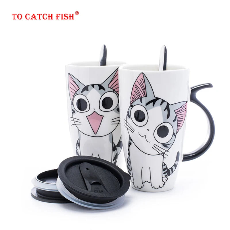 Drinkware 600ml Creative Cat Ceramic Mug With Lid Spoon Beer Cup of Coffee Original and Funny Cups to Give Away Couple Gift Mugs