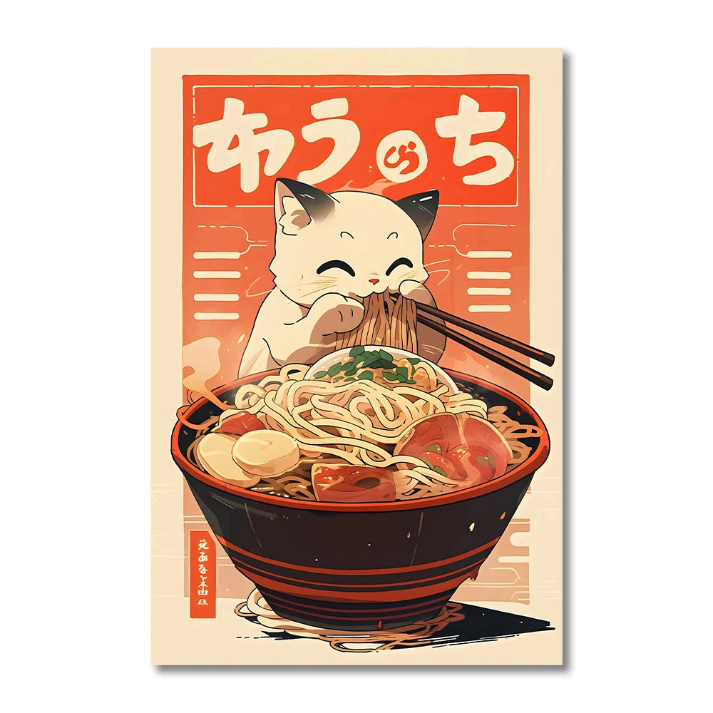 Kawaii Japanese Ramen Animal Cat Posters Canvas Prints Paintings Home Decor Noodles Food Wall Art Poster Kitchen Room Decoration