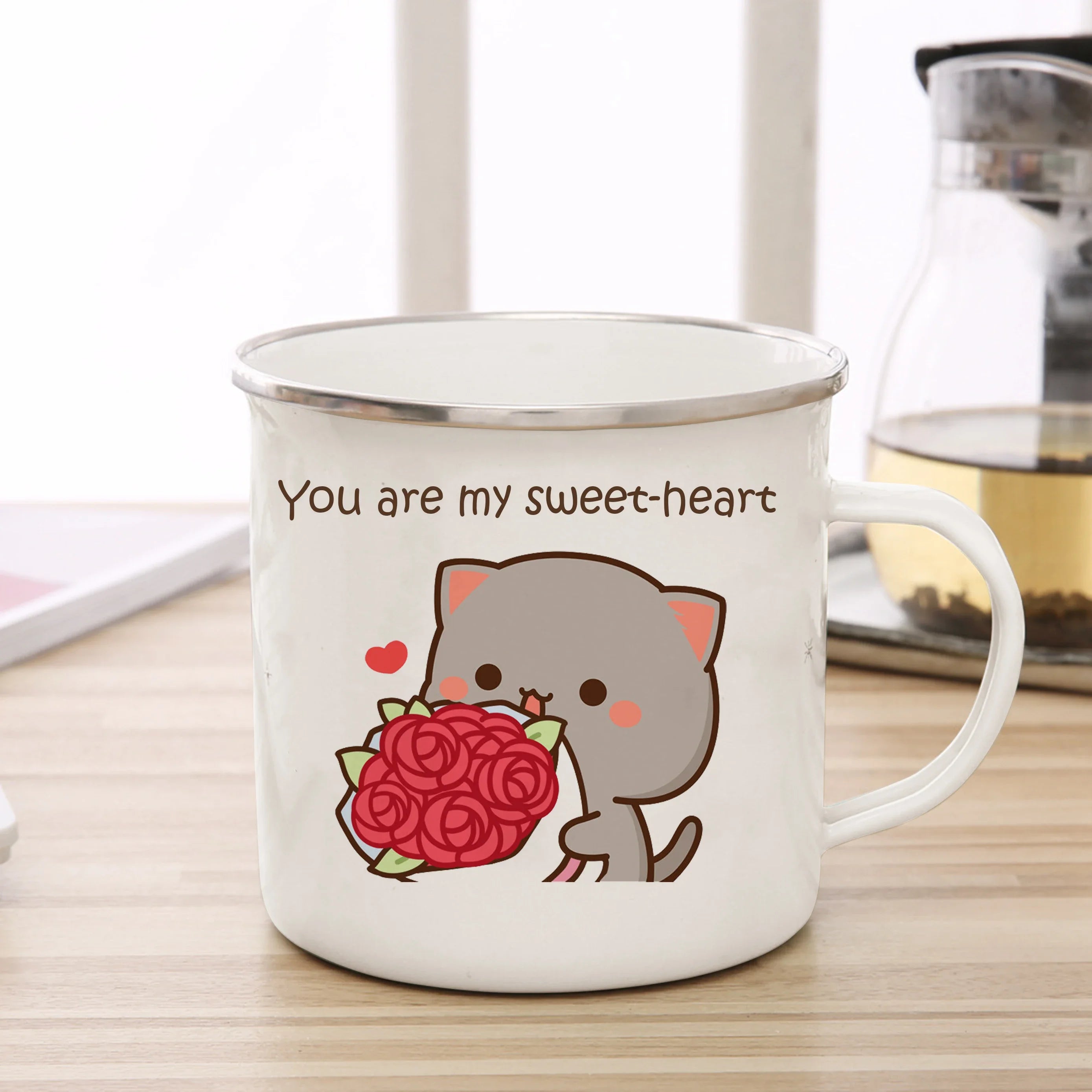 New Peach and Goma cat Enamel cup Coffee tea Mug cute animal Breakfast Dessert milk water cup couple gift