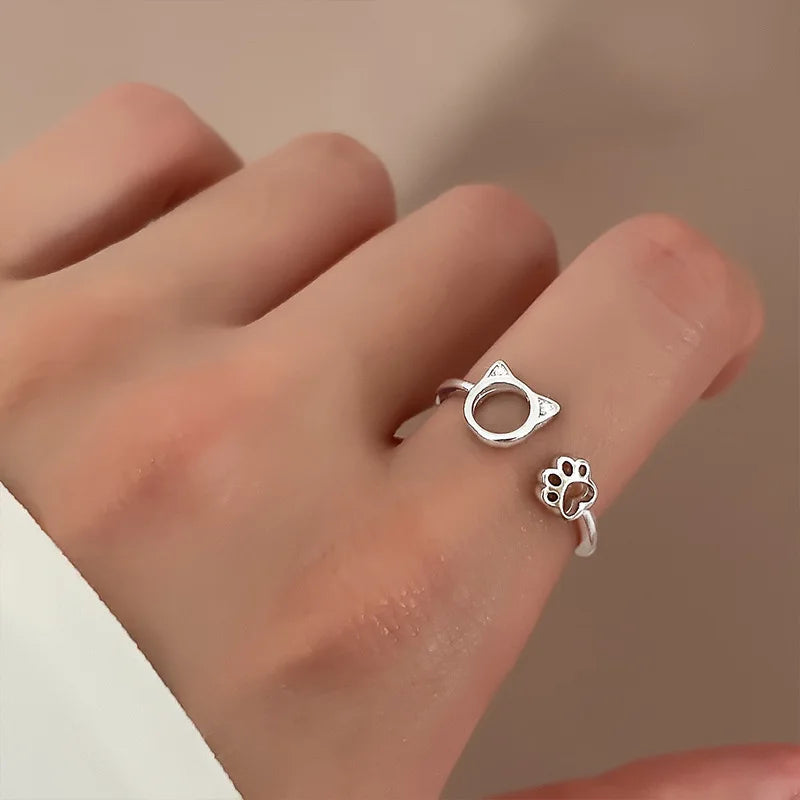 New Fashion Silver Color Open Finger Rings Cat Love Fish Moon Stone Pink Animal For Women Girl Jewelry Gift Dropship