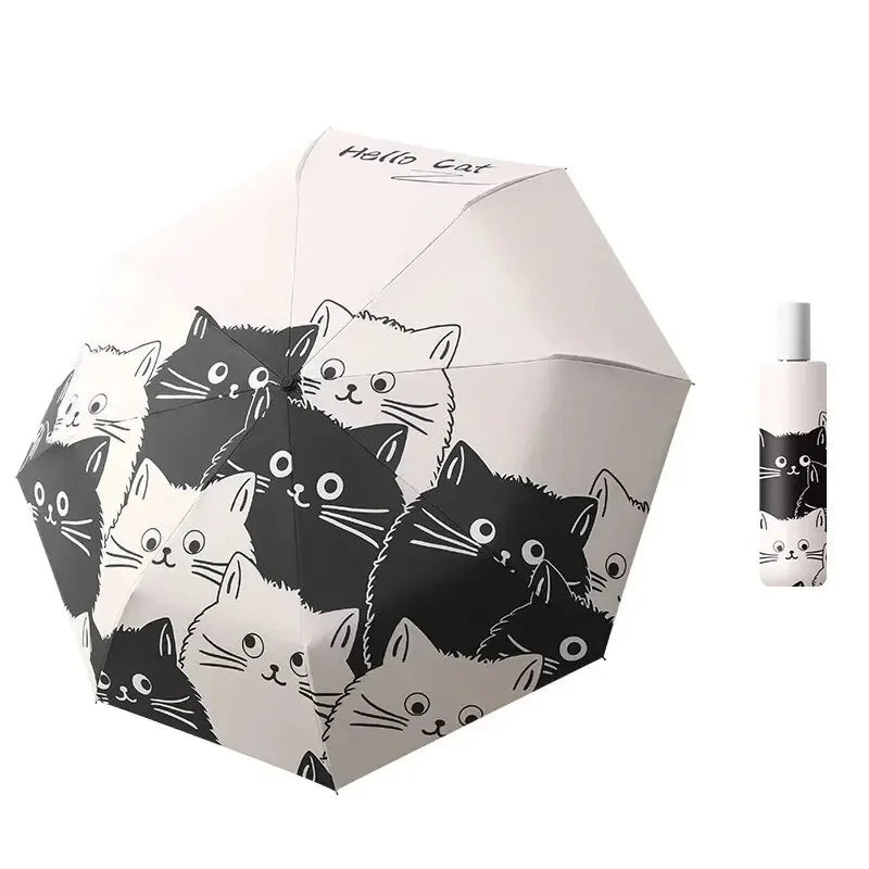 1pc Simple Cartoon Kittens Printed Black And White Automatic Umbrella, Sunny And Rainy Dual-use UV Protection Umbrella