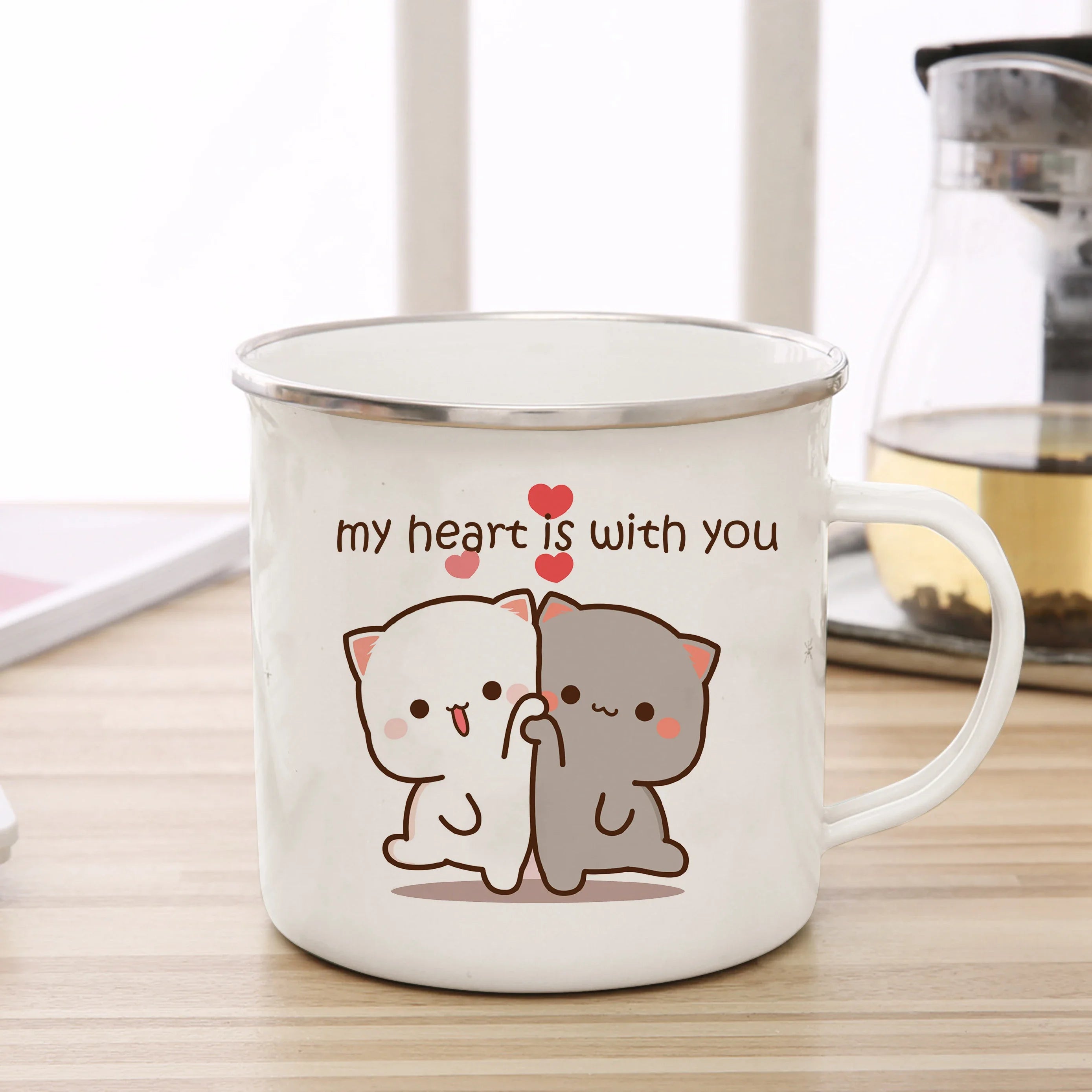 New Peach and Goma cat Enamel cup Coffee tea Mug cute animal Breakfast Dessert milk water cup couple gift