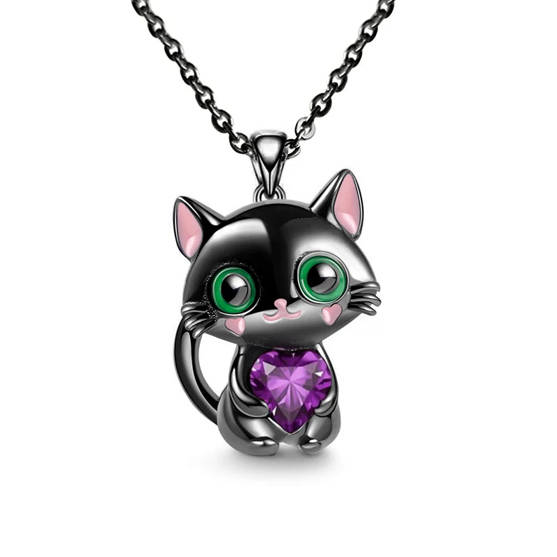 Cartoon Purple Heart Crystal Black Cat Pendant Necklace For Women Men Boys Girls Jewelry Accessories