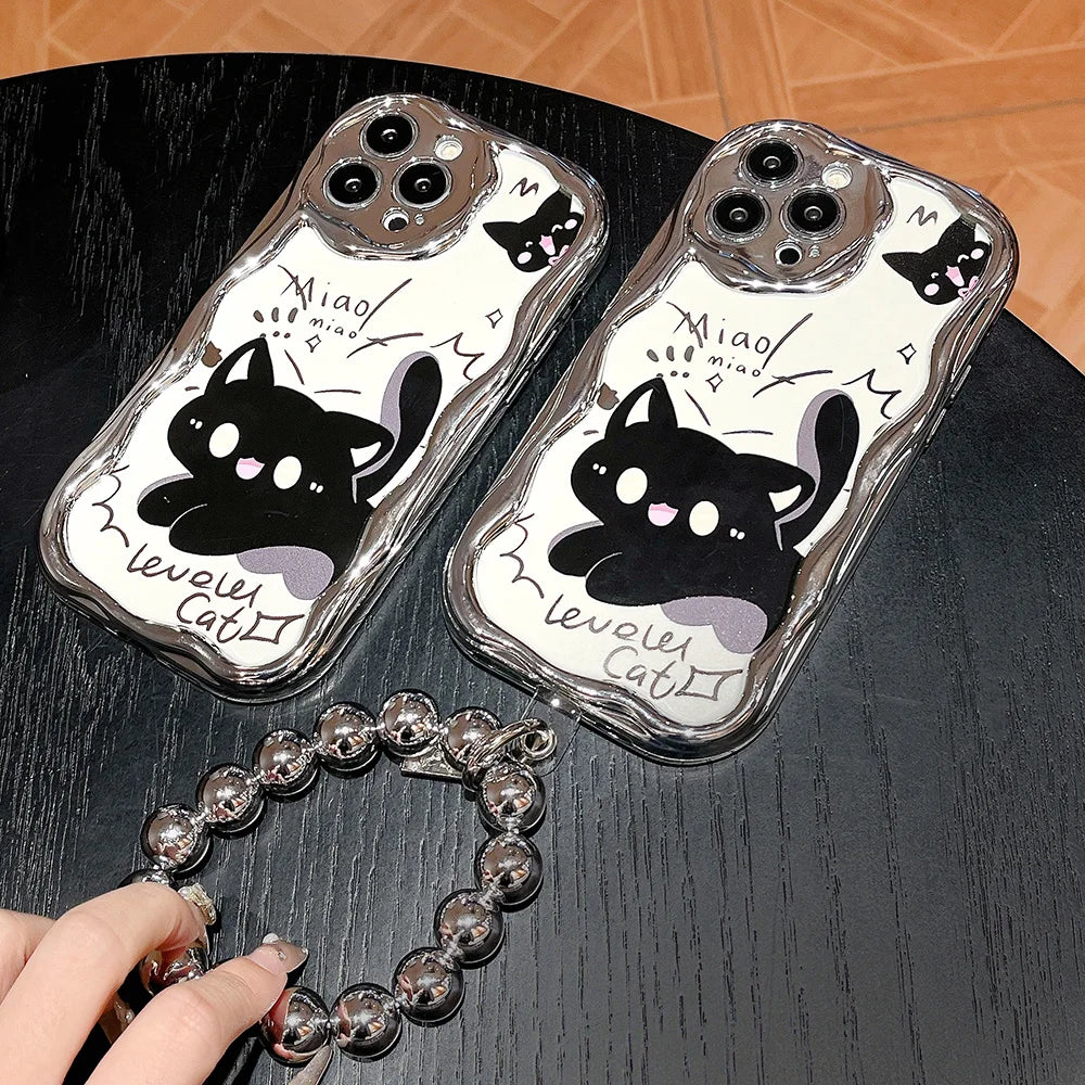 Bead Bracelet Chain Phone Case For iPhone 15 14 13 12 11 Pro Max 14 15 Plus XS Max XR Cute Cat Luxury Plating Silver Cover