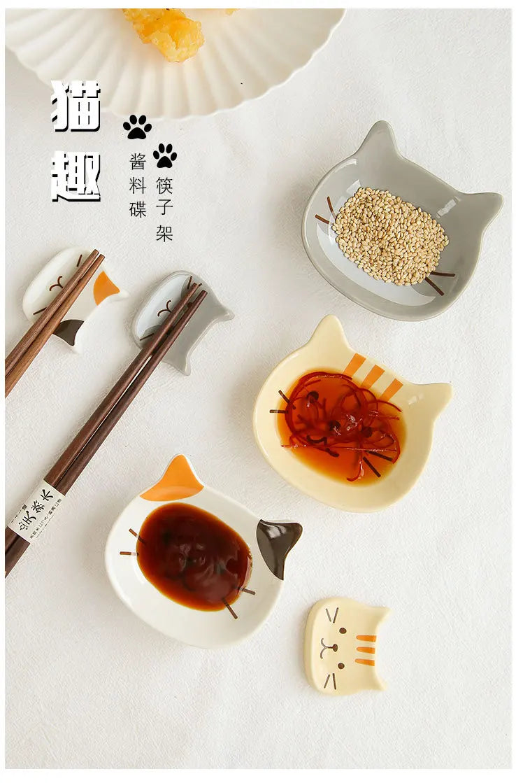 Japanese Cute Cat Dish Creative Ceramic Seasoning Dish Porcelain Dipping Saucer Plate Snack Plate Kitchen Supplies Tableware