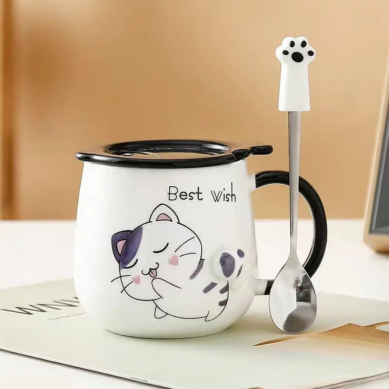 Pink White Black Cat Ceramic Mugs with Lids Spoons Cute Girl Heart Couple Coffee Cups Holiday Gifts Drinkware Water Bottle