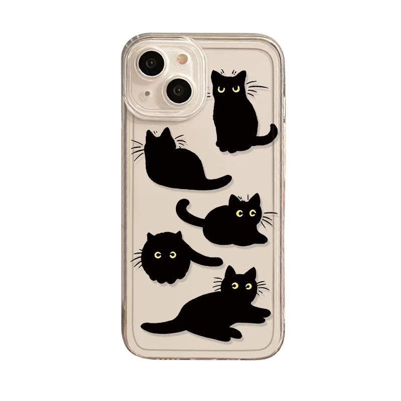 Transparent Phone Case for iPhone 13 15 Cover for 12 11 14 Pro Max 13 12Mini X XS XR SE 14 Plus Cartoon Black Cat Shells Fundas