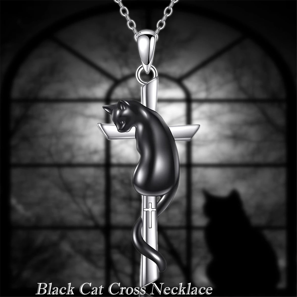 Exquisite Cool Black Cat Cross Pendant Men's and Women's Necklace Stainless Steel Chain Perfect Anniversary Party Gift Jewelry