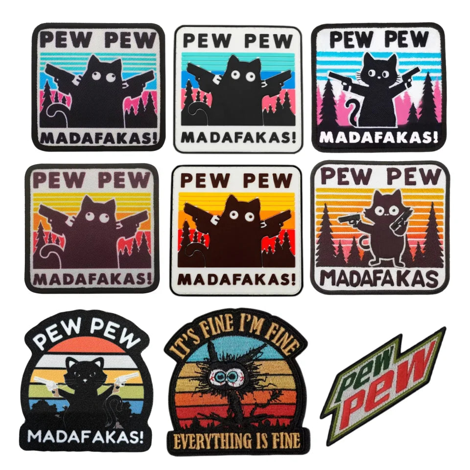 Pew Pew Madafakas Tactical Patches Fun Embroidery Hook&Loop Patch Military Double Spear Black Cat Morale Badge Backpack Stickers