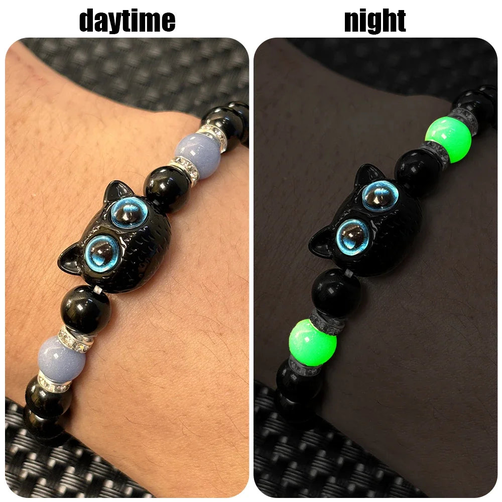 Cute Big Eye Cat Luminous Bracelets For Women Cartoon Animal Pendant Beaded Hand Chain Friendship Couple Bracelet Jewelry Gift