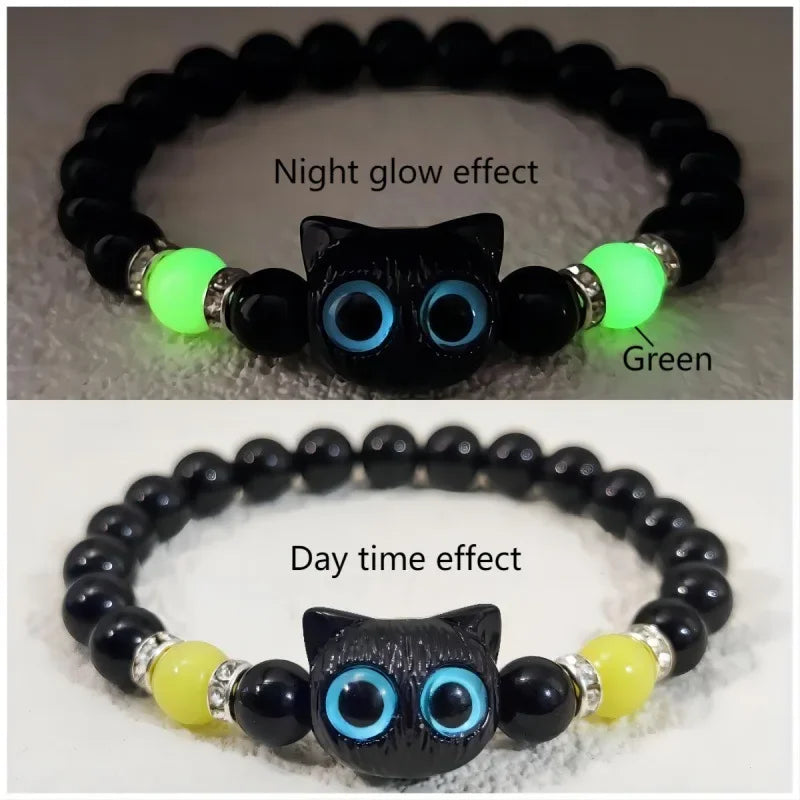 Cute Big Eye Cat Luminous Bracelets For Women Cartoon Animal Pendant Beaded Hand Chain Friendship Couple Bracelet Jewelry Gift