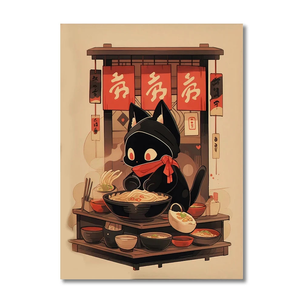 Kawaii Japanese Ramen Animal Cat Posters Canvas Prints Paintings Home Decor Noodles Food Wall Art Poster Kitchen Room Decoration