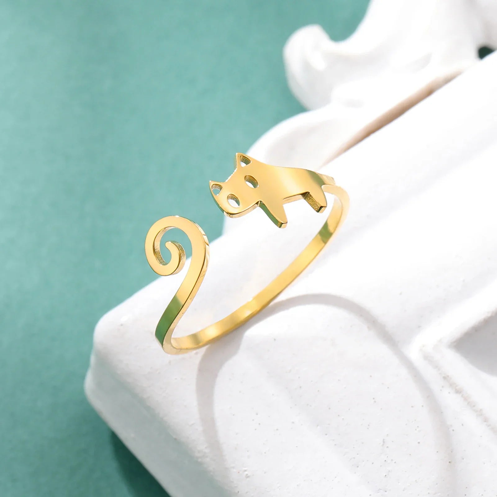 Skyrim Cute Cat Open Ring for Women Stainless Steel Kitten Adjustable Rings Fashion Animal Jewelry Birthday Gift Wholesale