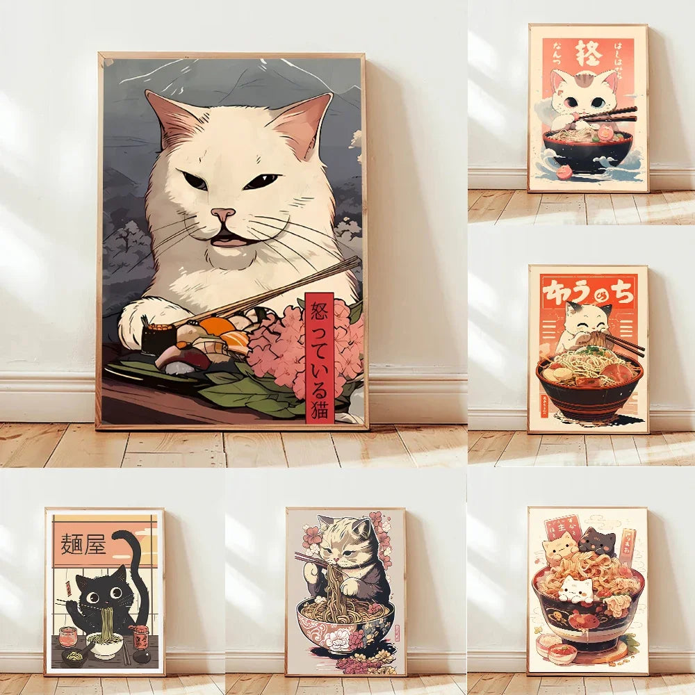 Kawaii Japanese Ramen Animal Cat Posters Canvas Prints Paintings Home Decor Noodles Food Wall Art Poster Kitchen Room Decoration