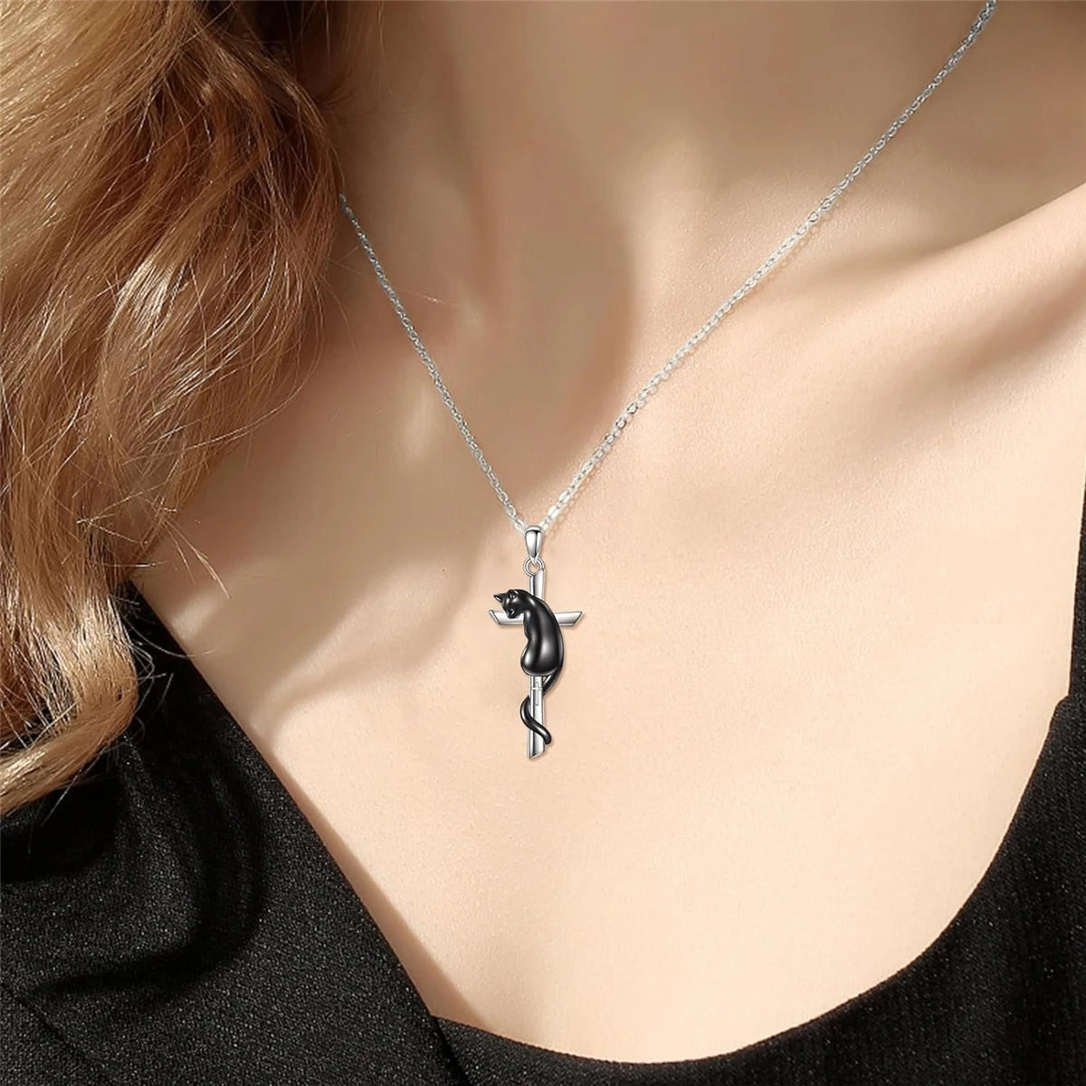 Exquisite Cool Black Cat Cross Pendant Men's and Women's Necklace Stainless Steel Chain Perfect Anniversary Party Gift Jewelry