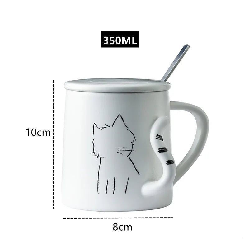 380ml Cute Cat Ceramic Mug With Spoon And Lid Creative Relief Coffee Tea Milk Breakfast Cups With Handle Novelty Gifts