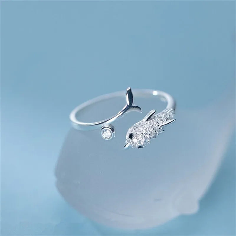 New Fashion Silver Color Open Finger Rings Cat Love Fish Moon Stone Pink Animal For Women Girl Jewelry Gift Dropship