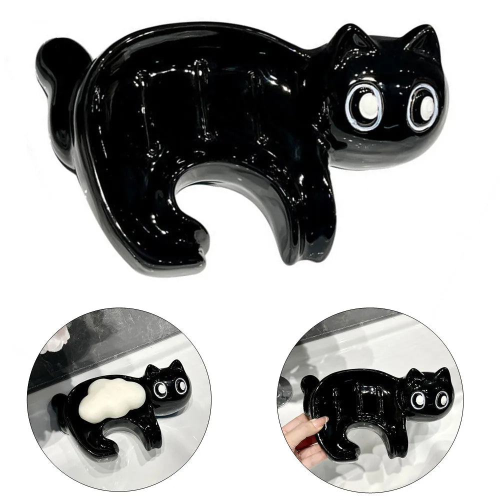 Cute Cat Drain Soap Holder Container Smooth Ceramic Toilet Soap Dish Case Tray Washroom Tools Bathroom Accessories Home Decor