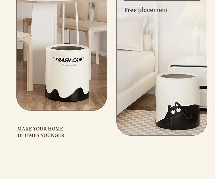 12L Black Cat/Ripple Style Trash Can High-capacity Bathroom Trash Bin Waterproof Wastebasket with Lid Living Room Lovely Dustbin