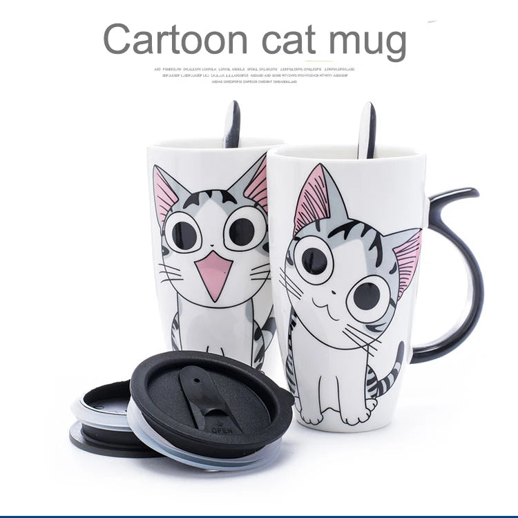 Drinkware 600ml Creative Cat Ceramic Mug With Lid Spoon Beer Cup of Coffee Original and Funny Cups to Give Away Couple Gift Mugs