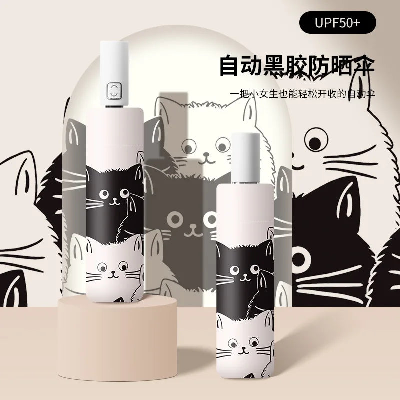 Cat Umbrellas Automatic Folding Rain And Sun Dual-Use Umbrella Black Coating Anti UV Kids Portable Parasol Girls Boys