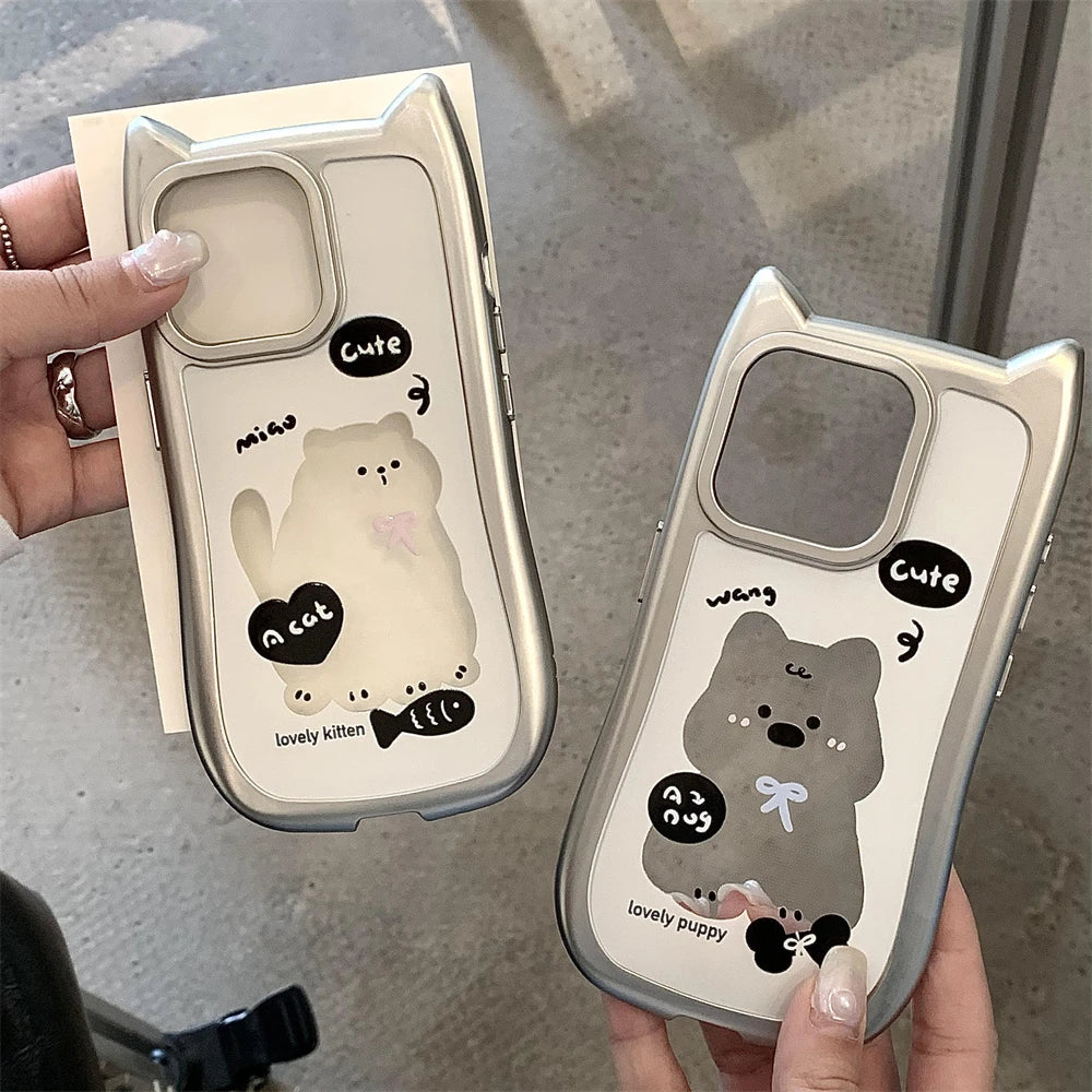 Korean Cartoon 3D Cat Ears Puppy Clear Plating Phone Case For iphone 15 14 13 12 Pro Max Cute Anti-Drop Shockproof Back Cover