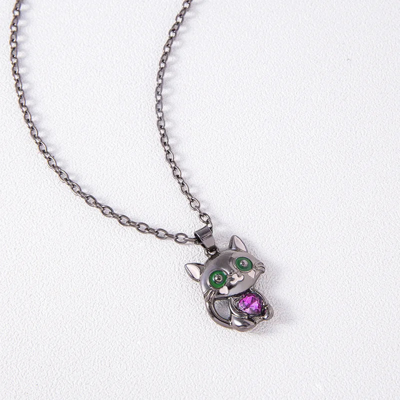 Cartoon Purple Heart Crystal Black Cat Pendant Necklace For Women Men Boys Girls Jewelry Accessories