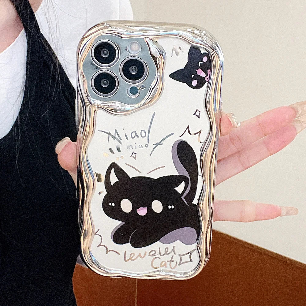 Bead Bracelet Chain Phone Case For iPhone 15 14 13 12 11 Pro Max 14 15 Plus XS Max XR Cute Cat Luxury Plating Silver Cover