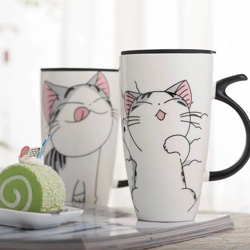 Drinkware 600ml Creative Cat Ceramic Mug With Lid Spoon Beer Cup of Coffee Original and Funny Cups to Give Away Couple Gift Mugs